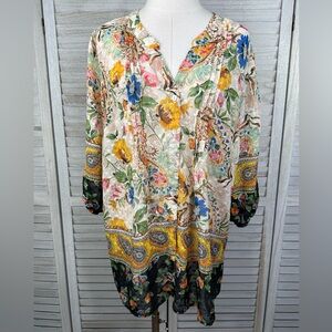 FIG & FLOWER Sheer Floral Print 3/4 Sleeve Boho Blouse-1X